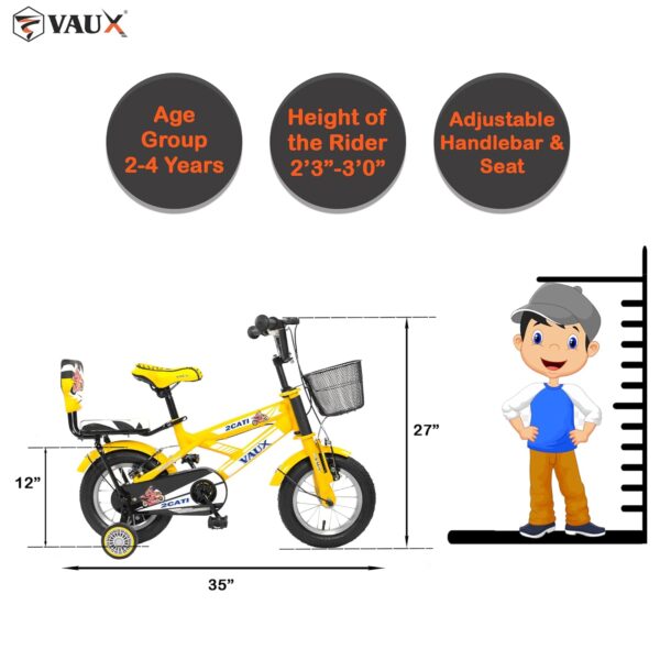 Vaux 2Cati 12inch Cycle for Kids for 2 to 4 Years Old with Basket, Support Wheels & Backseat with Backrest, Ideal for Both Boys & Girls with Steel Frame & Alloy Rims, Ideal Height:2ft to 3ft(Yellow) - Image 4