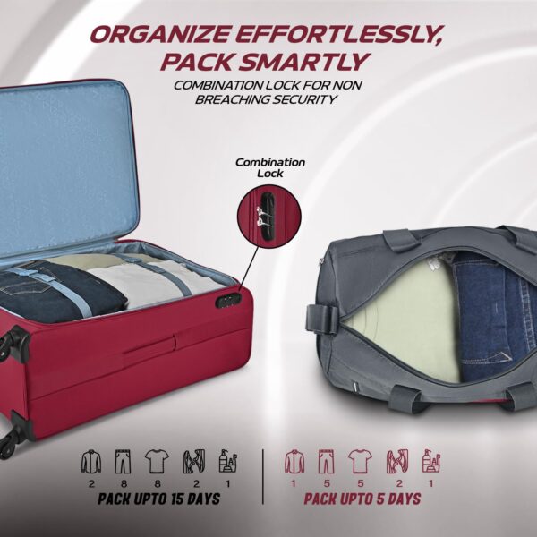 Aristocrat Trigon Hexa Active Luggage Set of 6-3 Trolley Bags (Cabin 55cm+69cm+79cm) & 3 Duffle Bags 52cm for Travel with 5 Years Warranty (Red) - Image 4