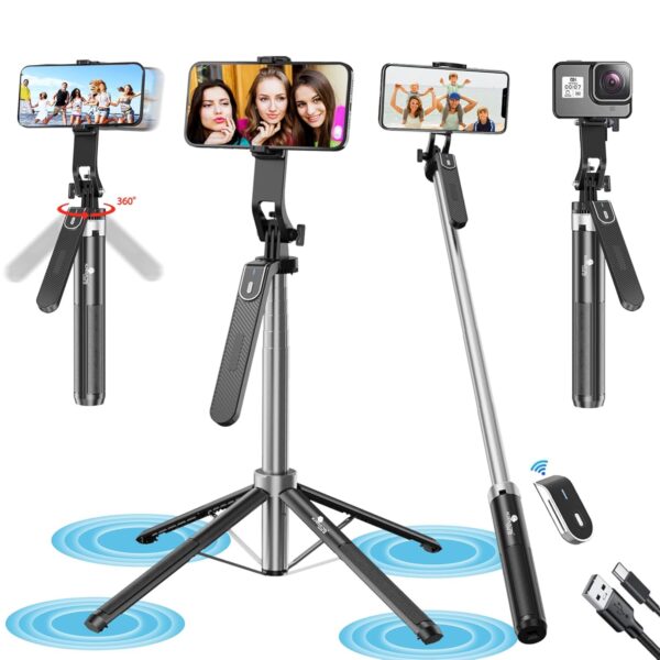 Kratos K5 Selfie Stick with Balance Handle & Recharable BT Remote, Stable 4 Leg Design, Selfie Stick with Tripod Stand for 360° Panoramic Shoot, 62" Long, Made for Phones, Ring Light, Gopro, Camera - Image 2