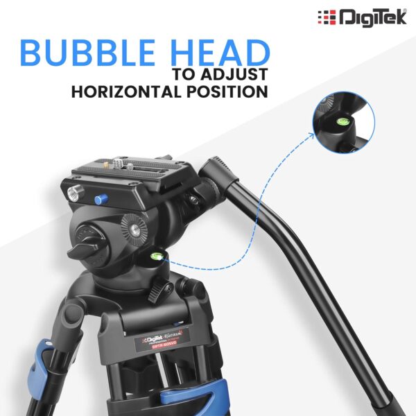 DIGITEK® (DPTR 605 VD) 183cm Heavy Duty Tripod with 2 Way Pan Head & Bubble Head, 6 Feet Max Height, 20kg Max Load, Rubberized Legs, Quick Release Head for Digital Video Cameras & GoPro Devices - Image 3