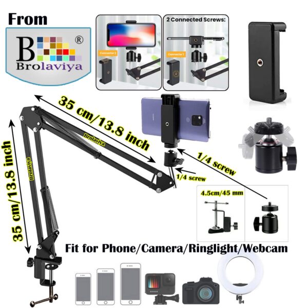 BROLAVIYA Overhead Video Mobile Stand, Metal Long Arm,1/4" Ball Head Male for Camera,Gopro Webcams,Mobile Bracket for Video,Desktop,Bedroom, Office, Table Mount, Black - Image 5