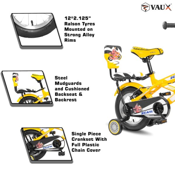 Vaux 2Cati 12inch Cycle for Kids for 2 to 4 Years Old with Basket, Support Wheels & Backseat with Backrest, Ideal for Both Boys & Girls with Steel Frame & Alloy Rims, Ideal Height:2ft to 3ft(Yellow) - Image 2