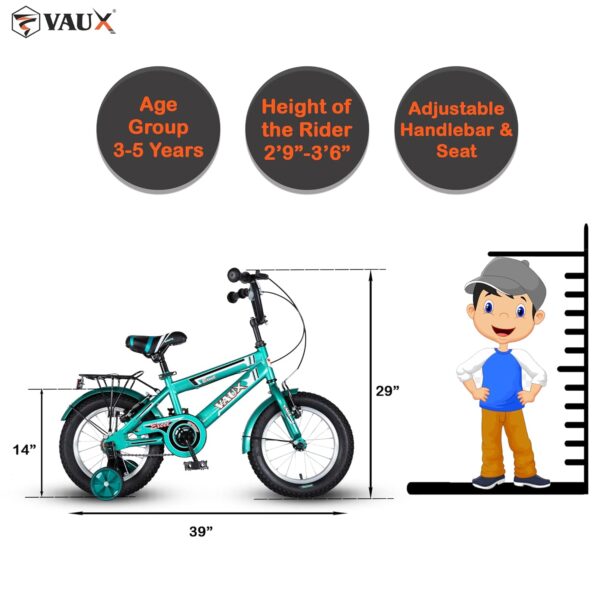 Vaux Excel Bicycle for Kids with Carrier, 16T/20T Cycle for Boys & Girls with Hi-Ten Steel Frame, V-Brakes, Alloy Rims & Ralson Tubular Tyres (14T, Green) - Image 4