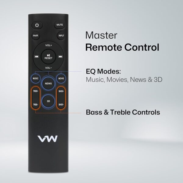 VW Hunter Bar | 160W Soundbar | 2.1 Channel Home Theatre | Deep Bass from 6.5" Subwoofer | Multiple Connectivity | 4 EQ Modes | Sleek Remote & LED Light (Black) - Image 7
