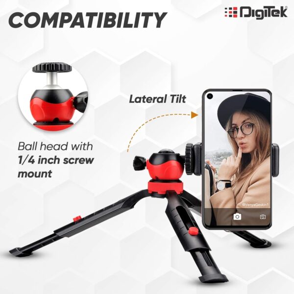 DIGITEK® (DTR-200MT) 18CM Flexible & Portable Mini Tripod with Smartphone Holder & 360° Ball Head, 1kg Load Capacity, 2 Section Adjustment, Rubber Feet, For Smartphones, Compact Cameras, GoPro Cameras - Image 5