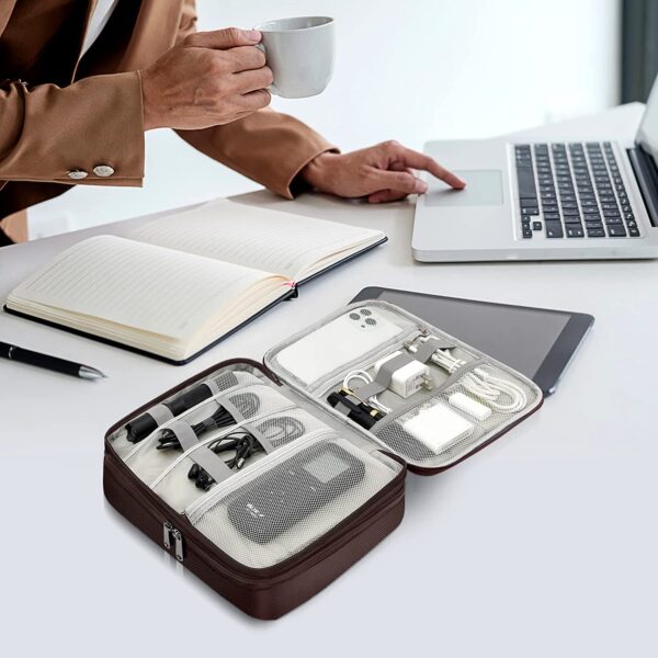 Seagull flight of fashion Double Layer Electronic Gadget Organizer Case, Cable Organizer Bag for Accessories with Mobile Stand - 27 X 20 X 9 cm - Coffee - Model 2 - Image 9