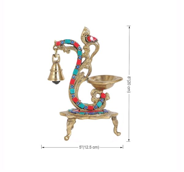 Two Moustaches Gemstone Work Ethnic Carved Peacock Design Brass Diya with Bell, Brass Antique Oil Lamp, Brass Diyas for Home, Size - 8 Inches, Standard, Pack of 1 - Image 7