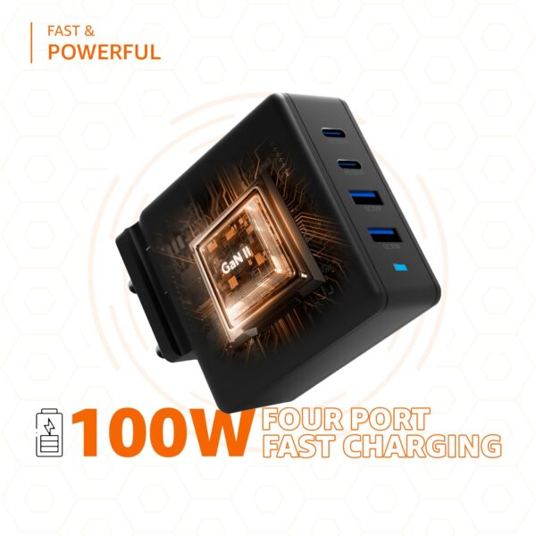 Amazon Basics 100W 4-Port GaN Charger | PD QC3.0 QC4.0 PPS Fast Charging Compact Adapter with Foldable Pins, for MacBook Pro Air 16'/14'/13', iPhone Series, Samsung S Series, iPad Pro/Air - Black - Image 4