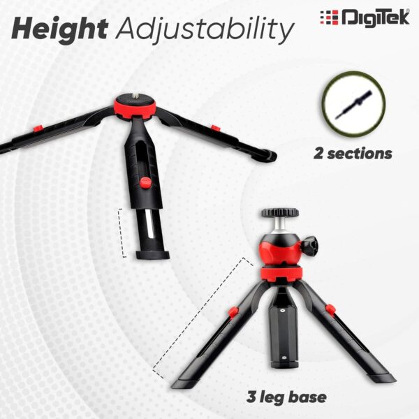 DIGITEK® (DTR-200MT) 18CM Flexible & Portable Mini Tripod with Smartphone Holder & 360° Ball Head, 1kg Load Capacity, 2 Section Adjustment, Rubber Feet, For Smartphones, Compact Cameras, GoPro Cameras - Image 3