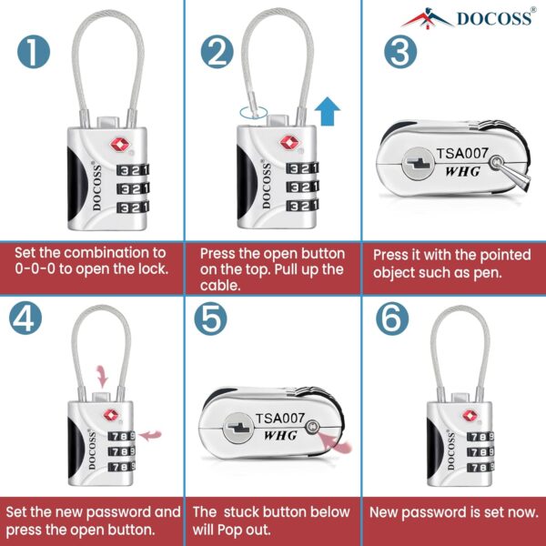 DOCOSS-Set of 2- Metal Cable TSA Locks for Luggage, Number Lock for Bag 4 Digit Small Locks for Luggage TSA Lock Combination Password Locks for Travel (Black,Silver) - Image 9