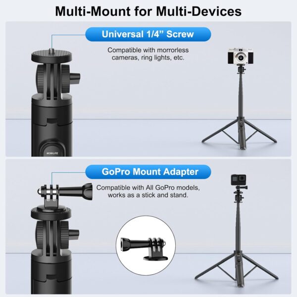 Mobilife 64" Multi-Function Selfie Stick Tripod Long Selfie Stick for iPhone&Android Multiple Mount for Camera Gopro Fill Light Aluminum Portable Mobile Tripod with Bluetooth Remote,Black - Image 9