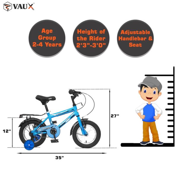 Vaux Plus Cycle for Kids 2 to 4 Years Old with Support Wheels, Ideal for Both Boys & Girls, Hi-Ten Steel Frame, Strong Alloy Rims & Ralson Tubular Tyres,95% Assembled, Ideal Height:2ft to 3ft(Blue) - Image 4