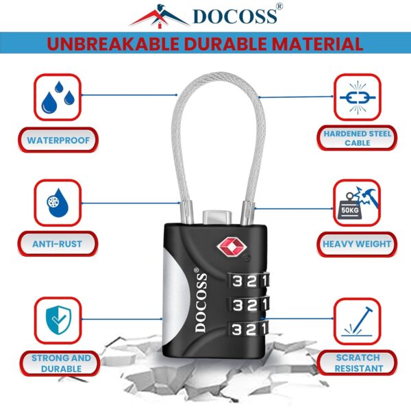 DOCOSS-Set of 2- Metal Cable TSA Locks for Luggage, Number Lock for Bag 4 Digit Small Locks for Luggage TSA Lock Combination Password Locks for Travel (Black,Silver) - Image 7