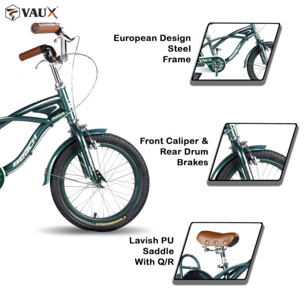 Vaux Beach Cruiser Cycle For Kids 16T With Support Wheels ,Europen Fashion Bicycle For Kids Age 4 To 6 years With Steel Frame, Tubular Tyres, Ideal Cycle For Boys & Girls With Height 3ft 3inch+ (Green) - Image 3