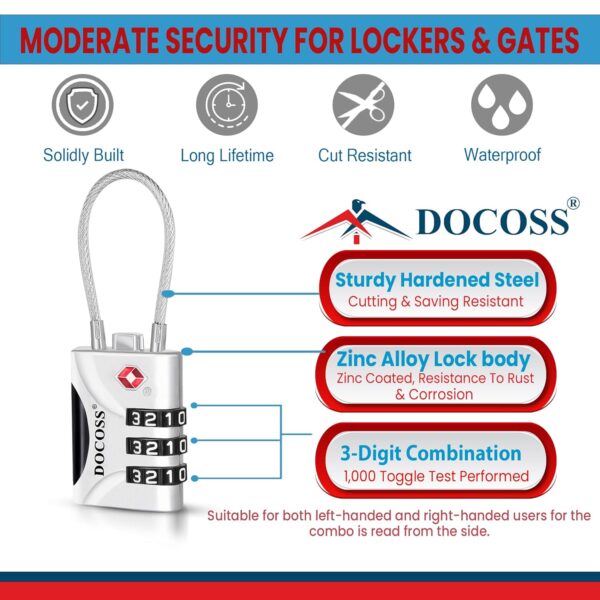 DOCOSS-Set of 2- Metal Cable TSA Locks for Luggage, Number Lock for Bag 4 Digit Small Locks for Luggage TSA Lock Combination Password Locks for Travel (Black,Silver) - Image 10