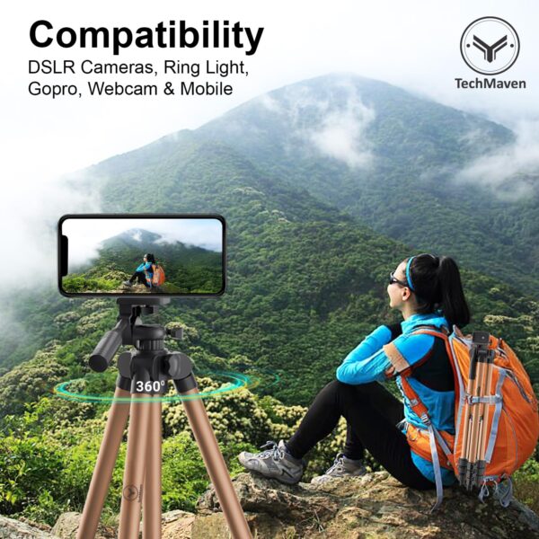 TechMaven Lightweight Tripod with Mobile Holder & Carry Bag, 134 cm| Compatible with Cameras, GoPro, and Smartphones | Copper - Image 3