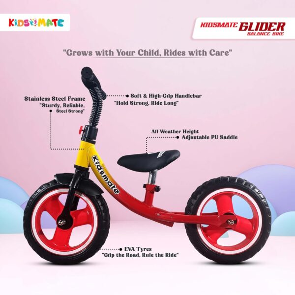 Kidsmate Glider Balance Bike for Kids | Lightweight, Durable Balancing Cycle for Boys & Girls | Adjustable Seat & Pedal-Free Toddler Bike with EVA Tires | Ideal First Bike for Ages 1-4Y (Red) - Image 5