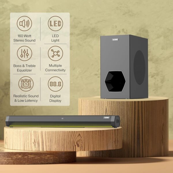 VW Hunter Bar | 160W Soundbar | 2.1 Channel Home Theatre | Deep Bass from 6.5" Subwoofer | Multiple Connectivity | 4 EQ Modes | Sleek Remote & LED Light (Black) - Image 3