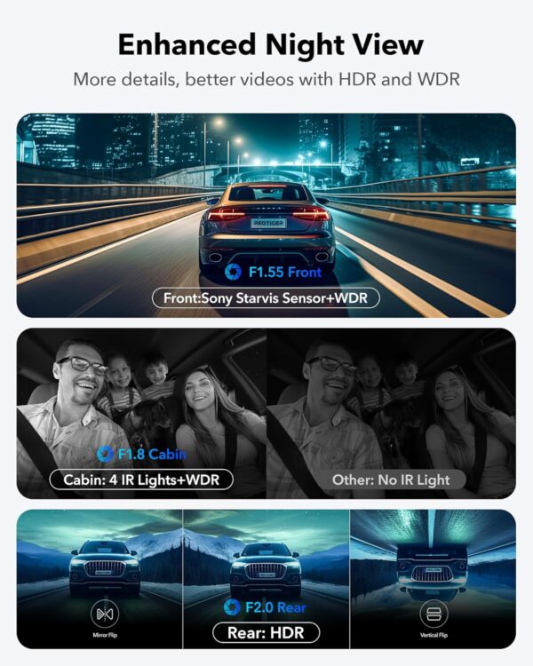 REDTIGER 4K 3 Channel Dash Cam 5G WiFi Built-in GPS, Free 64GB Card, 2160P+1080P+1080P Front and Rear Inside Loop Recording, Triple Car Camera with 3 Inch Screen, IR Night View, WDR, Parking Mode - Image 4
