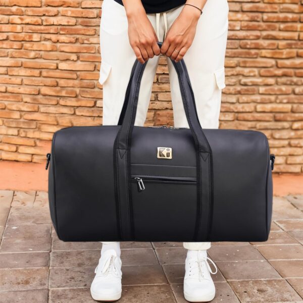 Kuber Industries Premium Leather Duffle Bags for Travel for Women & Men | Spacious Cabin Bag with Detachable Shoulder Strap | Water Resistant Luggage Bag for Travelling & Tour | Black - Image 5