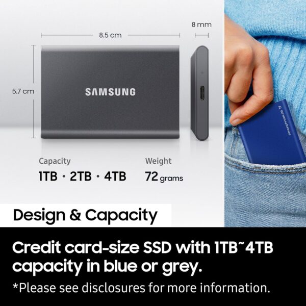 Samsung T7 2TB Up to 1,050MB/s USB 3.2 Gen 2 (10Gbps, Type-C) External Solid State Drive (Portable SSD) Grey(MU-PC2T0T) - Image 4