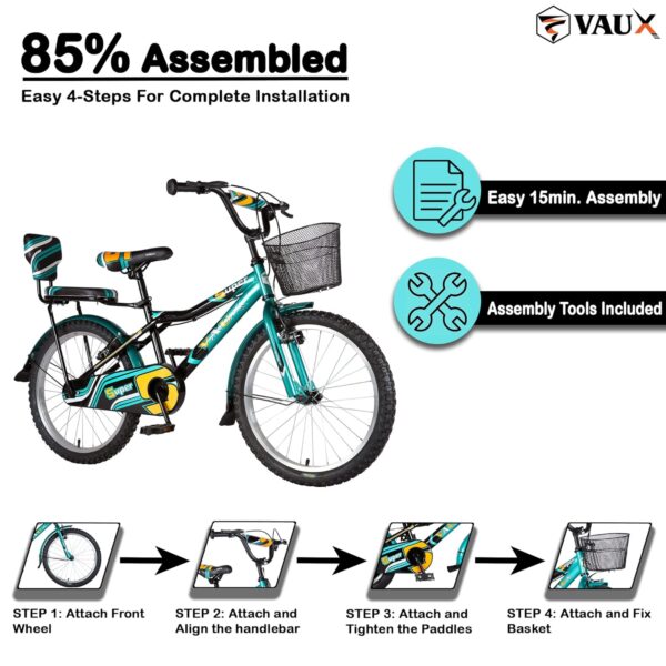 Vaux Super 20 Inch Rigid Cycle For Boys & Girls 5 To 8 Years With Basket, Backseat & Backrest, 20T Cycle With Steel Frame & Tubular Tyres, Bicycle For Kids With Ideal Height 3.6Ft To 4.5Ft(Green) - Image 5