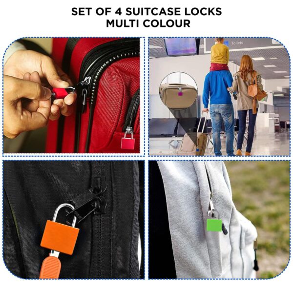NFI essentials Set of 4 Suitcase Locks, Multicolor Luggage Padlocks Set, Lock with Keys, Small Luggage Locks, Mini Locker, Zipper Lock, Tiny Locker for School Gym Backpack - Image 3
