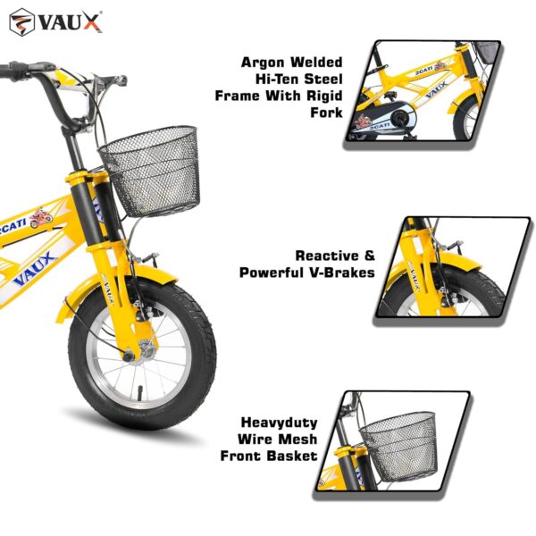 Vaux 2Cati 12inch Cycle for Kids for 2 to 4 Years Old with Basket, Support Wheels & Backseat with Backrest, Ideal for Both Boys & Girls with Steel Frame & Alloy Rims, Ideal Height:2ft to 3ft(Yellow) - Image 3