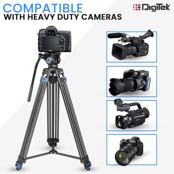 DIGITEK® (DPTR 605 VD) 183cm Heavy Duty Tripod with 2 Way Pan Head & Bubble Head, 6 Feet Max Height, 20kg Max Load, Rubberized Legs, Quick Release Head for Digital Video Cameras & GoPro Devices - Image 8