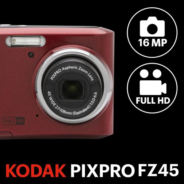 KODAK PIXPRO Friendly Zoom FZ45-RD 16MP Digital Camera with 4X Optical Zoom 27mm Wide Angle and 2.7" LCD Screen (Red) - Image 3