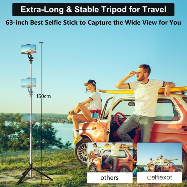 Celfiexpt Long Selfie Stick with Tripod Stand 62-inch Reinforced Tripod for Mobile Phone Multi-Functional Bluetooth Selfie Stick for Travel Vlogging Live Stream Suitable for Gopro Mirrorless Camera - Image 4