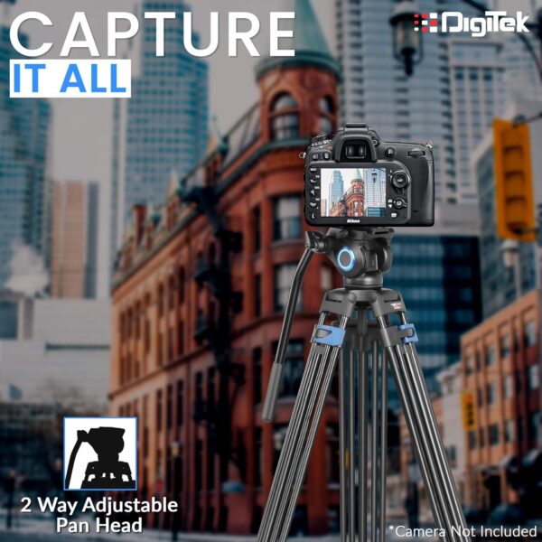 DIGITEK® (DPTR 605 VD) 183cm Heavy Duty Tripod with 2 Way Pan Head & Bubble Head, 6 Feet Max Height, 20kg Max Load, Rubberized Legs, Quick Release Head for Digital Video Cameras & GoPro Devices - Image 7