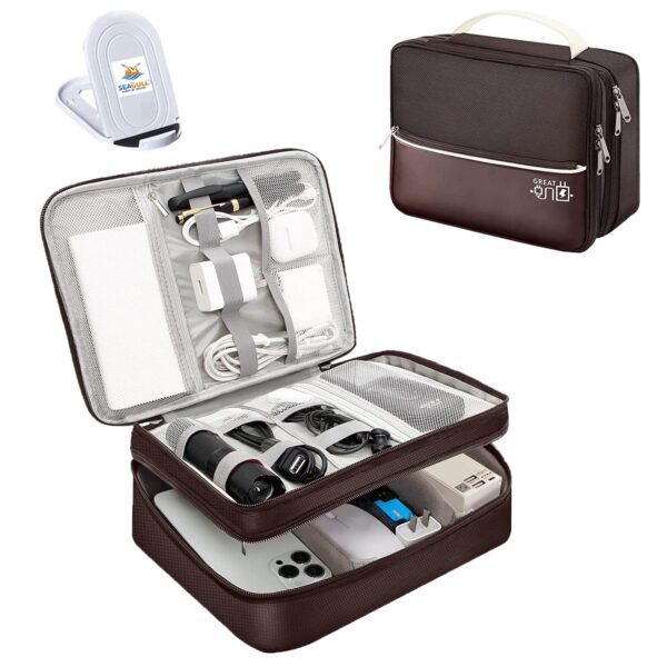 Seagull flight of fashion Double Layer Electronic Gadget Organizer Case, Cable Organizer Bag for Accessories with Mobile Stand - 27 X 20 X 9 cm - Coffee - Model 2 - Image 2