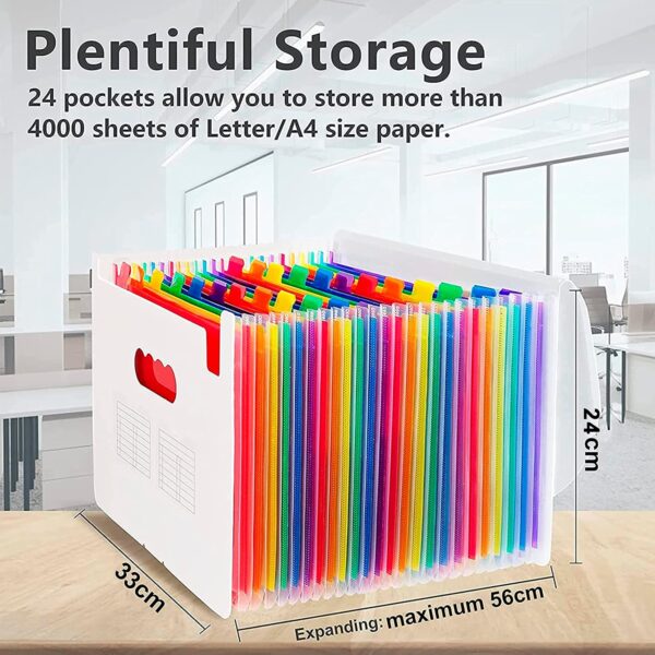 NISUN 24 Pockets File Organizer, Expanding File Folder, Plastic Letter Size with Labels, Accordion Document Organizer, Adjustable Buckle Folder, A4 Portable Accordion Paper/Bill/Receipt Bag - White - Image 3