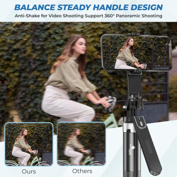 Kratos K5 Selfie Stick with Balance Handle & Recharable BT Remote, Stable 4 Leg Design, Selfie Stick with Tripod Stand for 360° Panoramic Shoot, 62" Long, Made for Phones, Ring Light, Gopro, Camera - Image 4