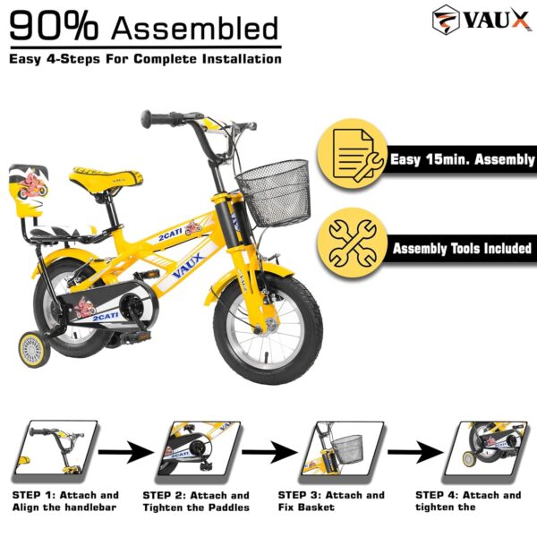 Vaux 2Cati 12inch Cycle for Kids for 2 to 4 Years Old with Basket, Support Wheels & Backseat with Backrest, Ideal for Both Boys & Girls with Steel Frame & Alloy Rims, Ideal Height:2ft to 3ft(Yellow) - Image 5