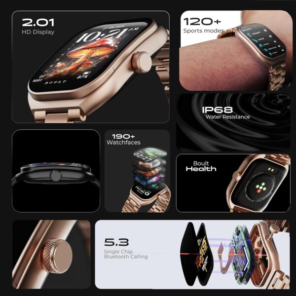 Boult Trail Smartwatch 2.01" 3D Curved HD Display, BT Calling 5.3, 600 Nits Brightness, IP68, 190+ Watchfaces, 120+ Sports Modes, AI Voice Assistant, SpO2 Monitoring (Rose Gold) - Image 2