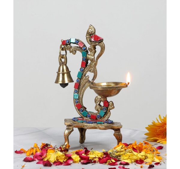 Two Moustaches Gemstone Work Ethnic Carved Peacock Design Brass Diya with Bell, Brass Antique Oil Lamp, Brass Diyas for Home, Size - 8 Inches, Standard, Pack of 1 - Image 2
