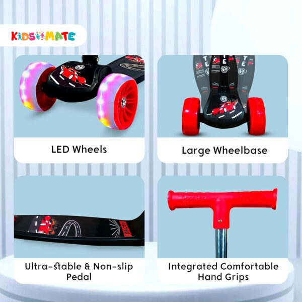 Kidsmate Rider Pro Kick Scooter with Broad PU LED Wheels | 3-Wheel Skating Scooter for Boys & Girls of Ages 2-12 Years | 5-Level Adjustable Height, and Easy Fold Design (Black) - Image 5