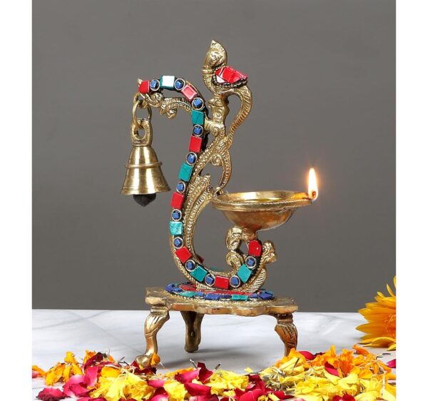 Two Moustaches Gemstone Work Ethnic Carved Peacock Design Brass Diya with Bell, Brass Antique Oil Lamp, Brass Diyas for Home, Size - 8 Inches, Standard, Pack of 1 - Image 4