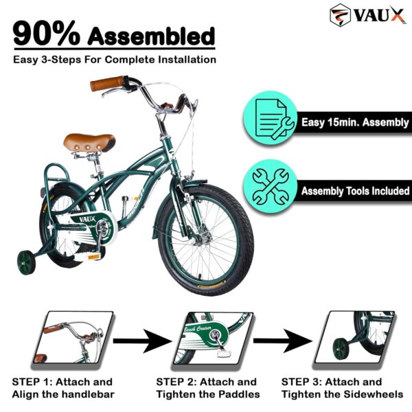 Vaux Beach Cruiser Cycle For Kids 16T With Support Wheels ,Europen Fashion Bicycle For Kids Age 4 To 6 years With Steel Frame, Tubular Tyres, Ideal Cycle For Boys & Girls With Height 3ft 3inch+ (Green) - Image 5