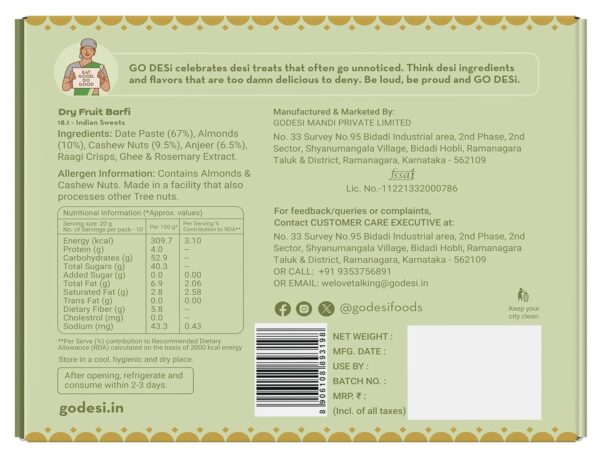 GO DESi - Dry Fruits Barfi | Dates Bar | Anjeer | Khajoor | Nuts | Indian Mithai | Sweets Gift Pack | No Added Sugar | 200 grams - Image 3