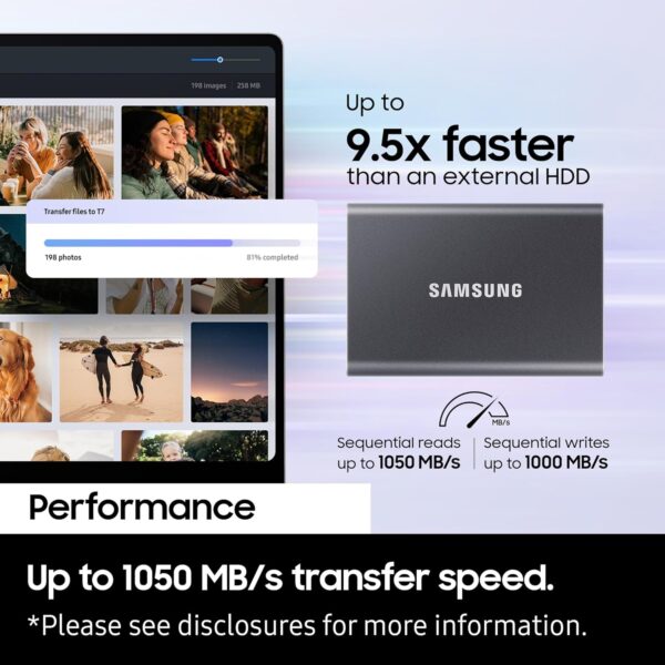 Samsung T7 2TB Up to 1,050MB/s USB 3.2 Gen 2 (10Gbps, Type-C) External Solid State Drive (Portable SSD) Grey(MU-PC2T0T) - Image 3