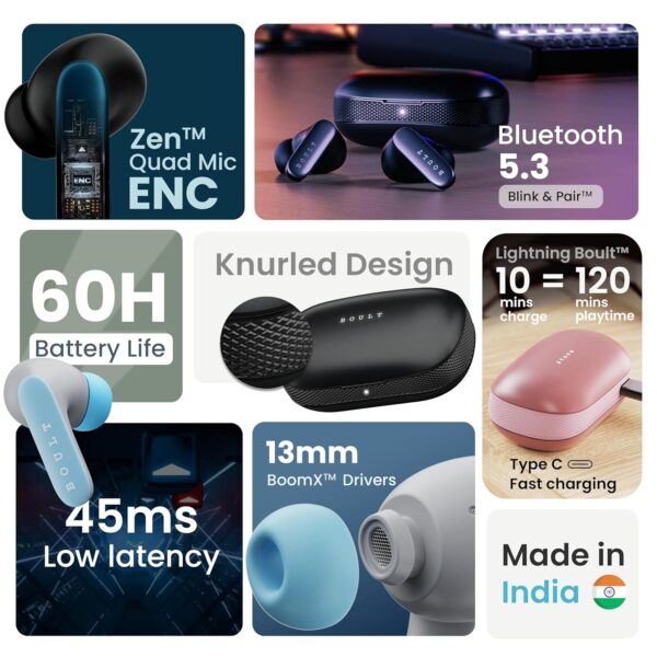 Boult Audio Z20 Pro Truly Wireless Bluetooth Ear buds with 60 Hours Playtime, 4 Mics Clear Calling, 45ms Low Latency, Rich Bass Drivers, ouch Controls, IPX5,TWS earbuds bluetooth wireless (Candy Cane) - Image 3