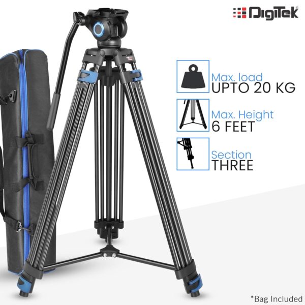 DIGITEK® (DPTR 605 VD) 183cm Heavy Duty Tripod with 2 Way Pan Head & Bubble Head, 6 Feet Max Height, 20kg Max Load, Rubberized Legs, Quick Release Head for Digital Video Cameras & GoPro Devices - Image 6