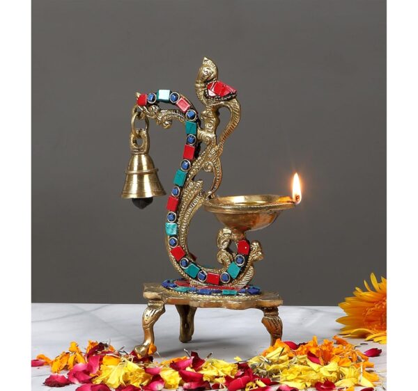 Two Moustaches Gemstone Work Ethnic Carved Peacock Design Brass Diya with Bell, Brass Antique Oil Lamp, Brass Diyas for Home, Size - 8 Inches, Standard, Pack of 1 - Image 6
