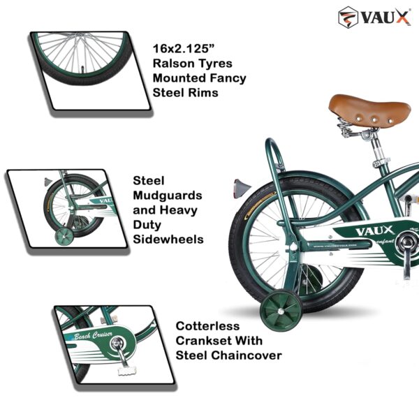 Vaux Beach Cruiser Cycle For Kids 16T With Support Wheels ,Europen Fashion Bicycle For Kids Age 4 To 6 years With Steel Frame, Tubular Tyres, Ideal Cycle For Boys & Girls With Height 3ft 3inch+ (Green) - Image 2