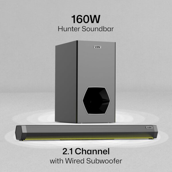 VW Hunter Bar | 160W Soundbar | 2.1 Channel Home Theatre | Deep Bass from 6.5" Subwoofer | Multiple Connectivity | 4 EQ Modes | Sleek Remote & LED Light (Black) - Image 4