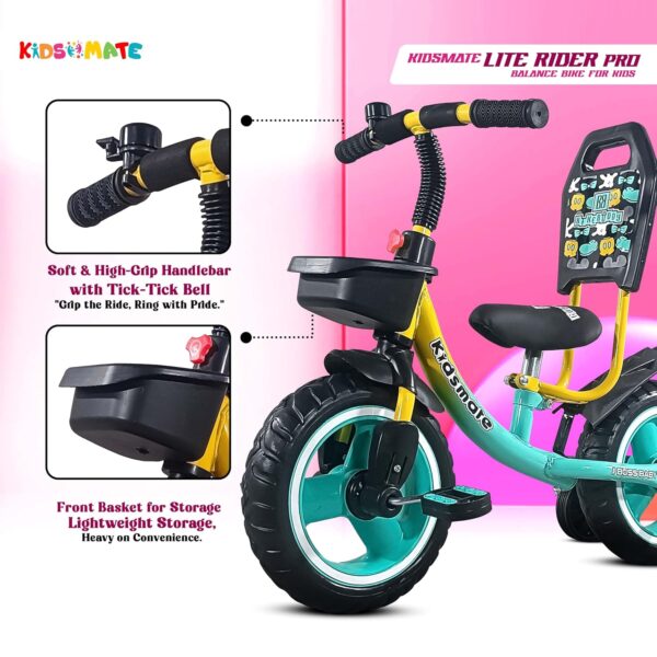 Kidsmate Lite Rider Pro Balance Cycle for Kids - Kids Cycle with Adjustable Seat & Backrest | Bell with Durable Training Wheels & EVA Tires | Baby Balance Bike Perfect for Ages 1-4Y (Sea Green) - Image 4