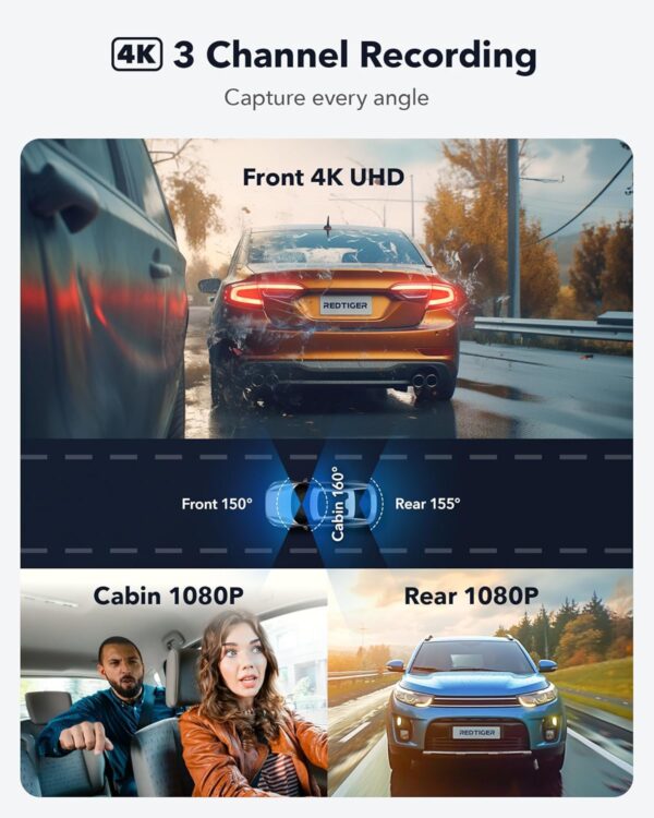 REDTIGER 4K 3 Channel Dash Cam 5G WiFi Built-in GPS, Free 64GB Card, 2160P+1080P+1080P Front and Rear Inside Loop Recording, Triple Car Camera with 3 Inch Screen, IR Night View, WDR, Parking Mode - Image 3
